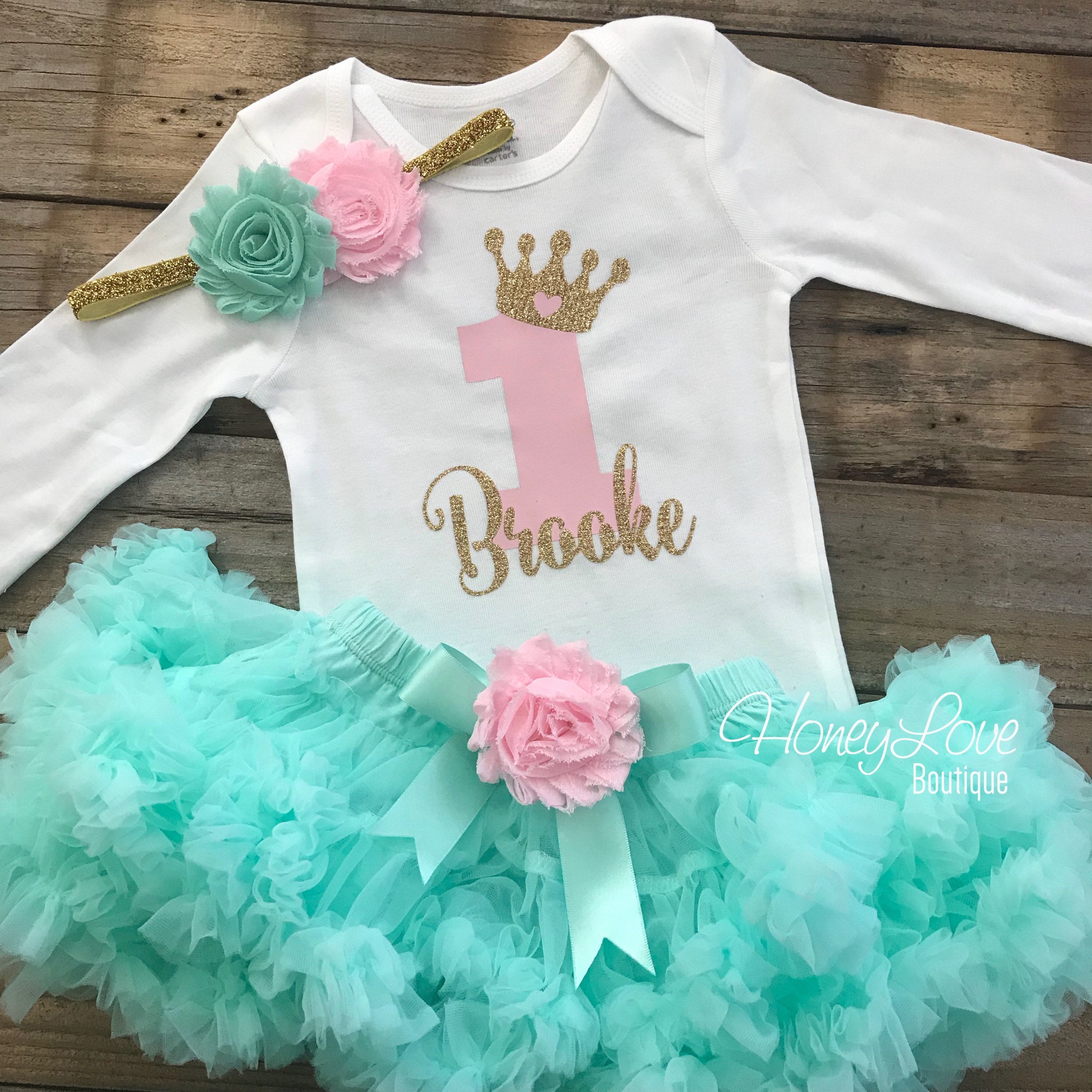 Personalized 1st Birthday Princess Outfit - Gold Glitter, Light Pink a - HoneyLoveBoutique Personalized 1st Birthday Princess Outfit - Gold Glitter, Light Pink a - HoneyLoveBoutique