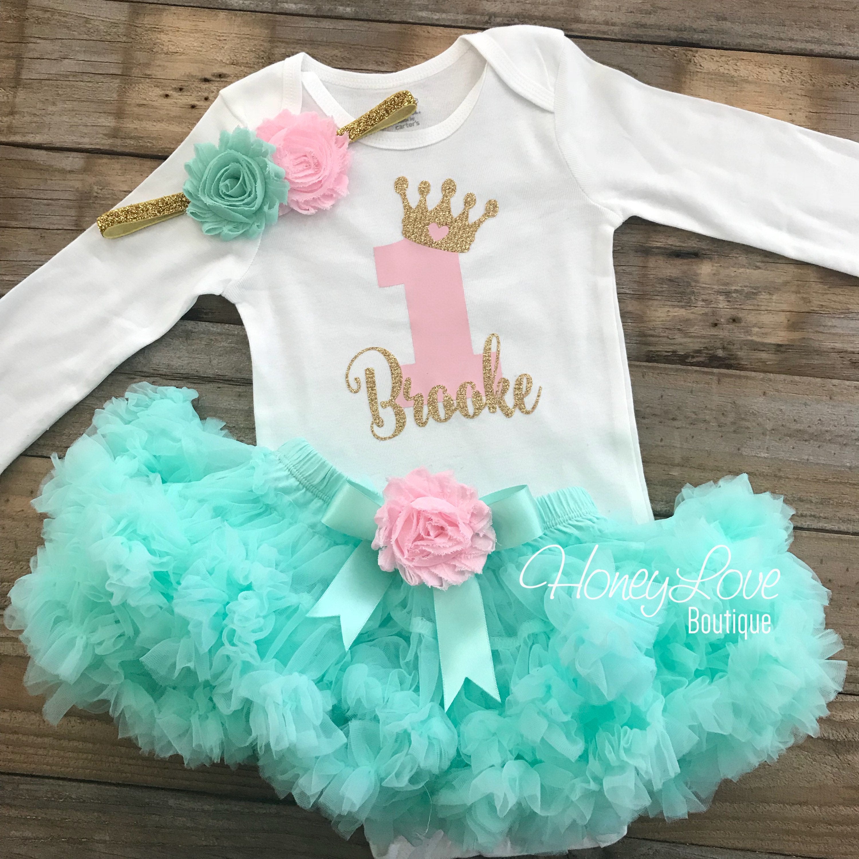 Personalized 1st Birthday Princess Outfit - Gold Glitter, Light Pink a - HoneyLoveBoutique Personalized 1st Birthday Princess Outfit - Gold Glitter, Light Pink a - HoneyLoveBoutique