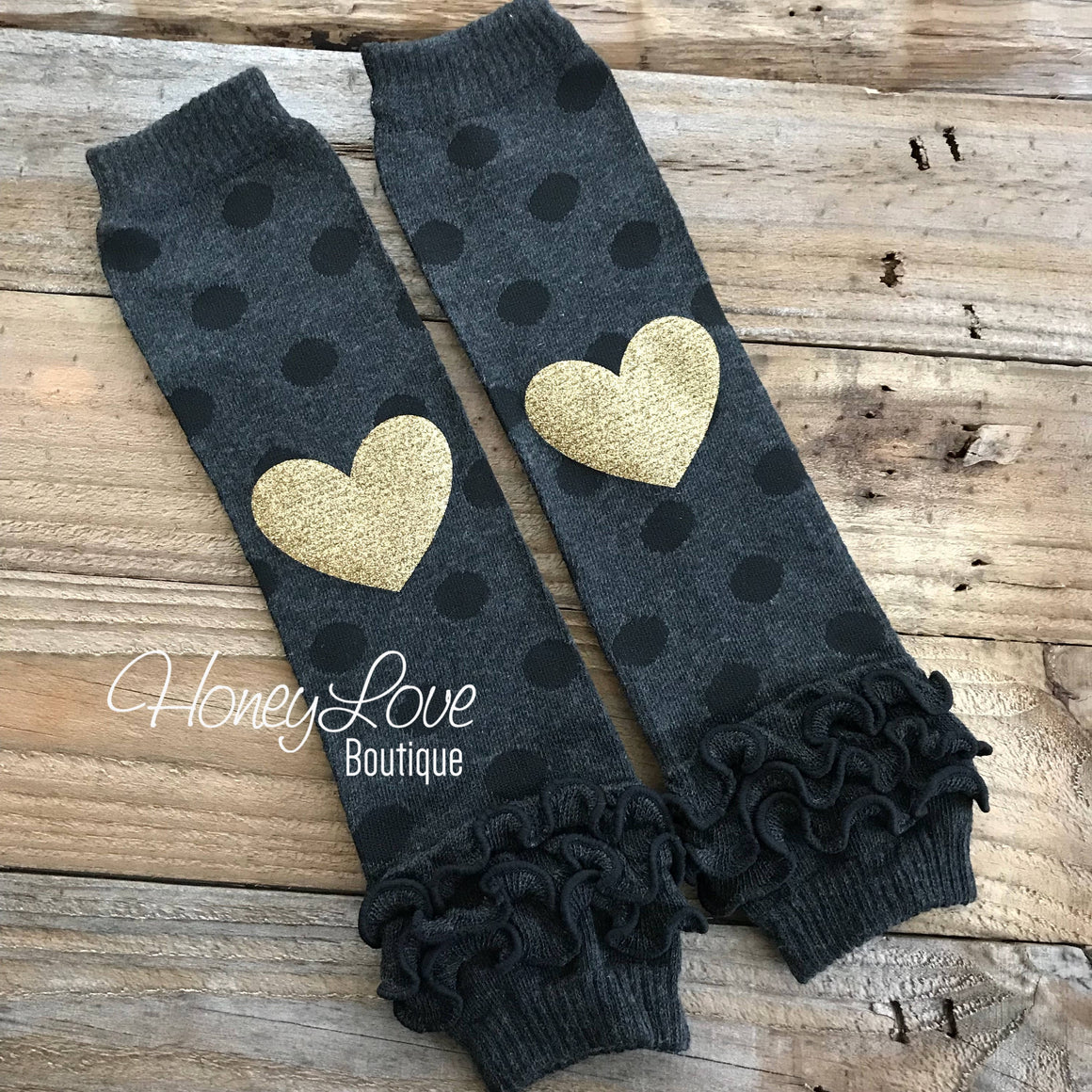 Gray/Black Polka Dot Leg Warmers with Gold Glitter Heart and matching headband - HoneyLoveBoutique