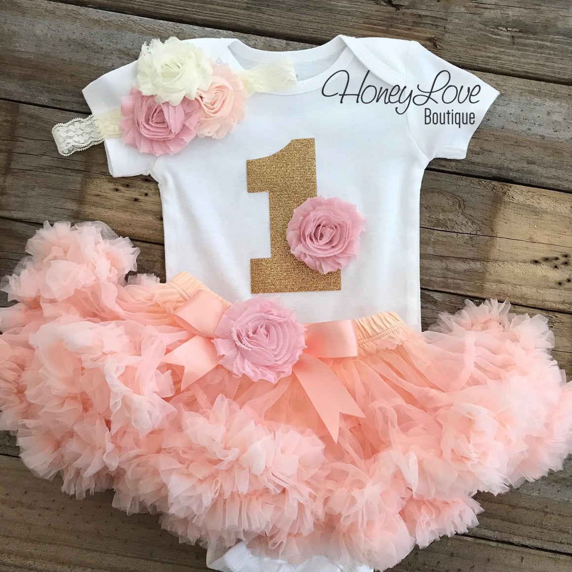 1st Birthday Outfit - Peach, Blush Pink and Ivory - embellished pettiskirt - HoneyLoveBoutique