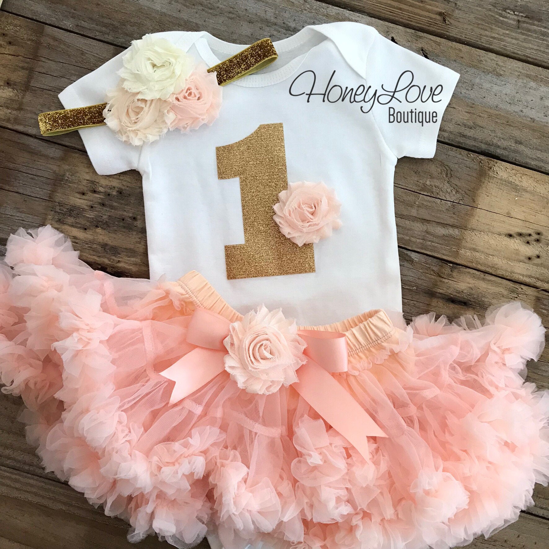 1st Birthday Outfit Peach, Ivory and Gold embellished