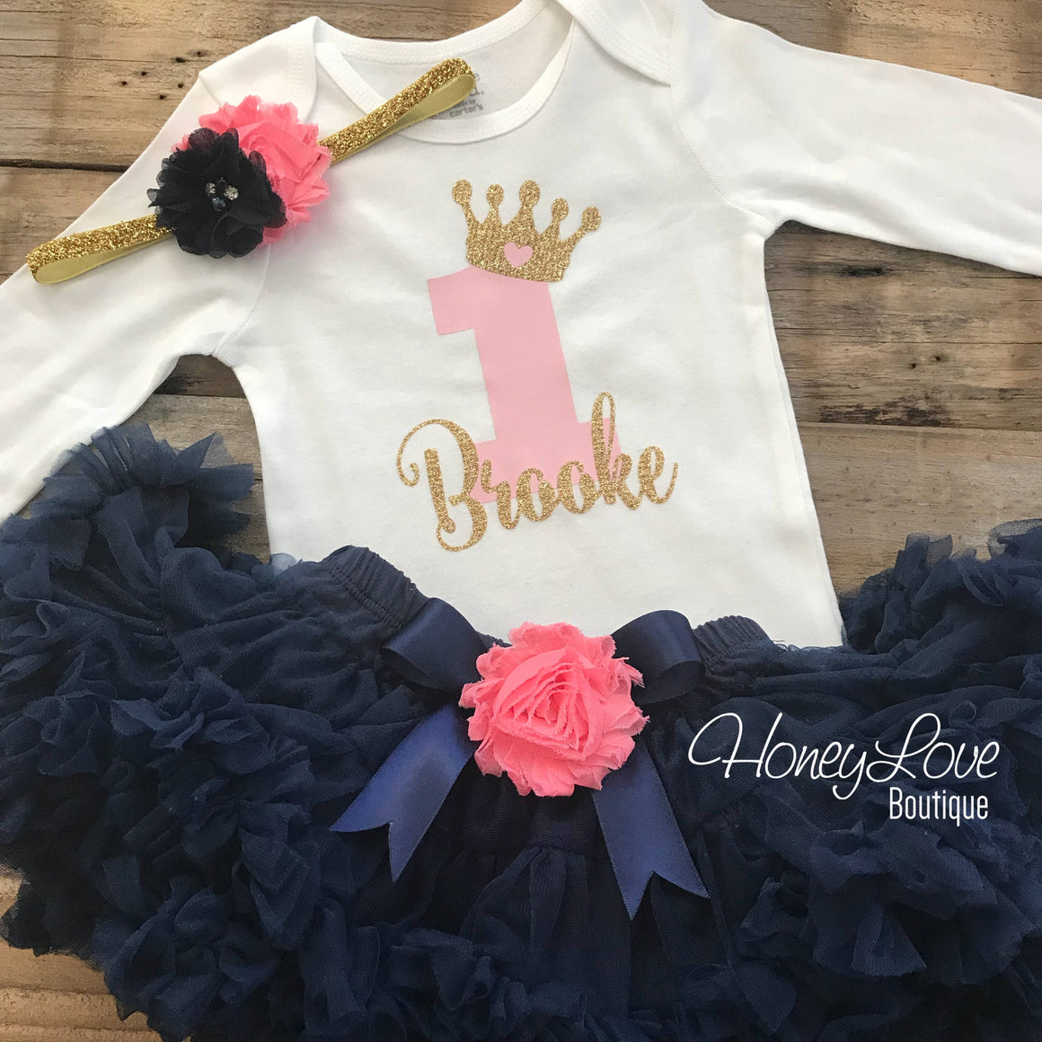 Personalized 1st Birthday Princess outfit - Gold Glitter and Navy Blue - embellished pettiskirt - HoneyLoveBoutique