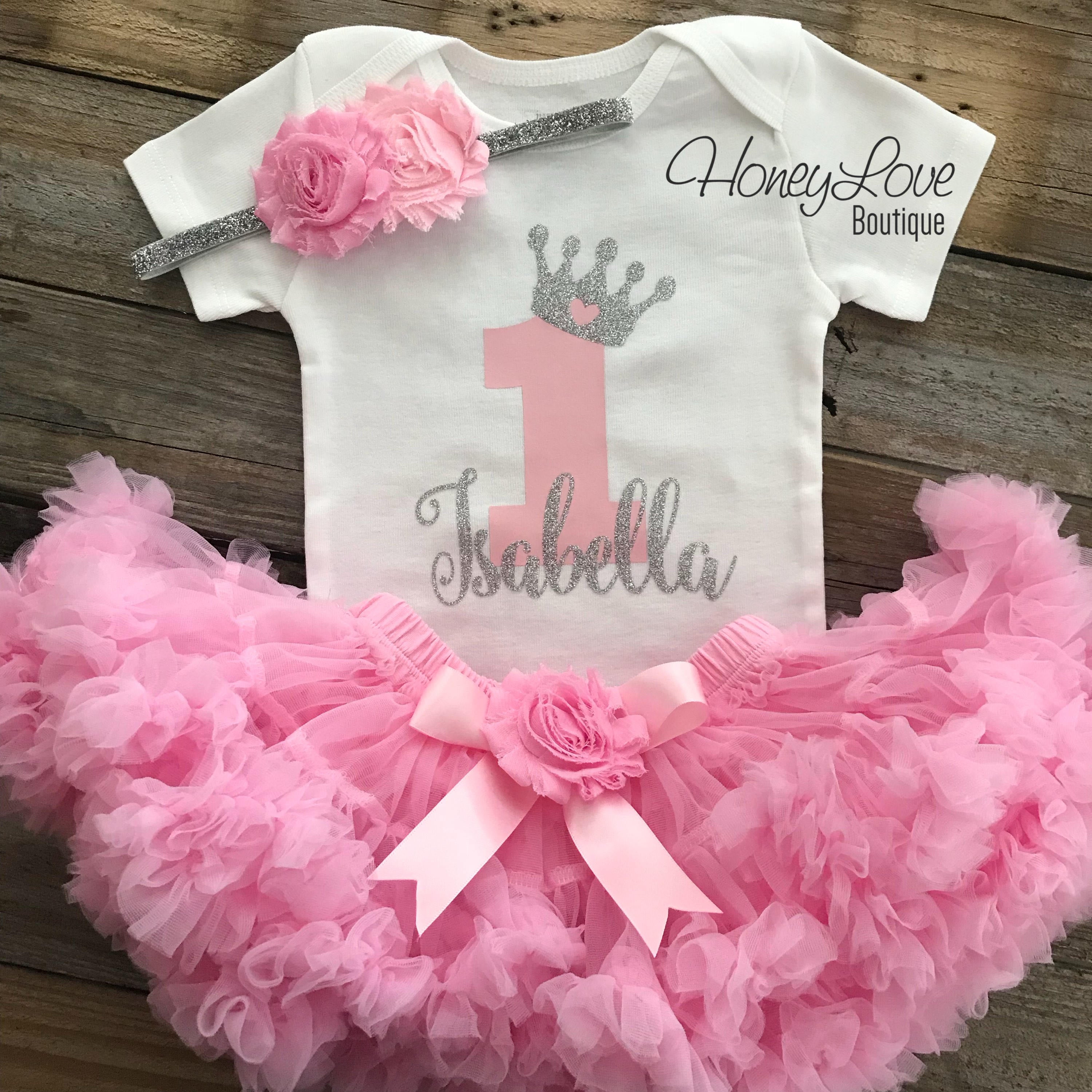 Personalized 1st Birthday Princess outfit - Silver Glitter and Light P - HoneyLoveBoutique Personalized 1st Birthday Princess outfit - Silver Glitter and Light P - HoneyLoveBoutique