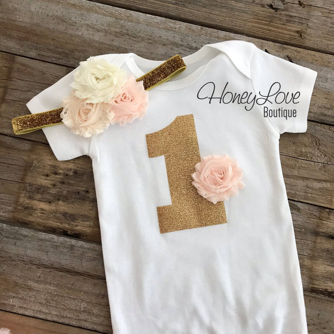 1st Birthday Outfit - Peach, Ivory and Gold - embellished pettiskirt - HoneyLoveBoutique
