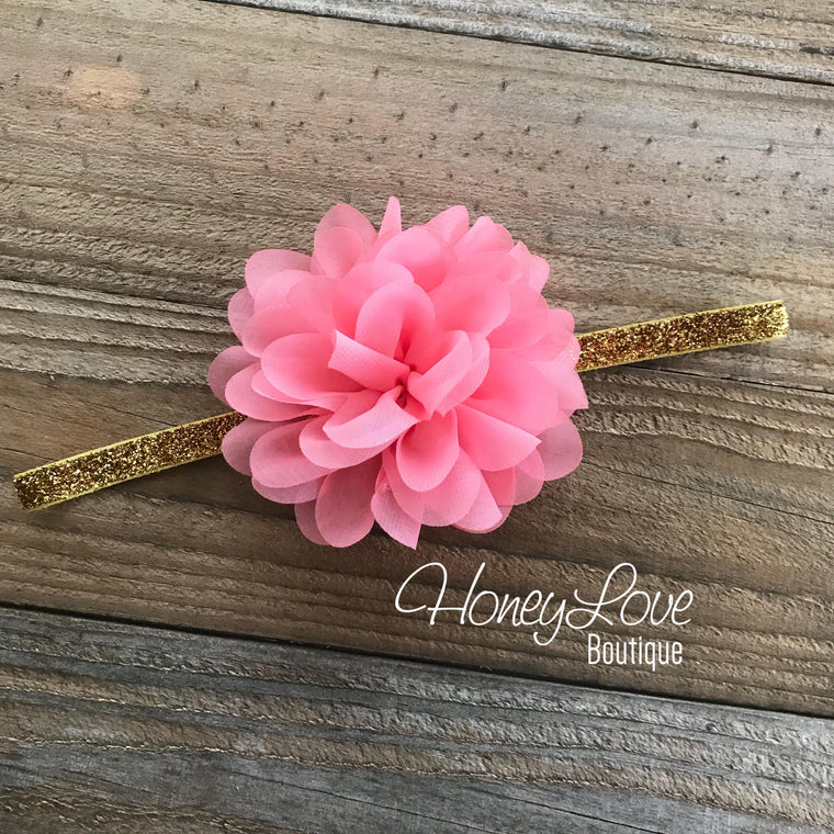 Coral Pink fluffy chiffon flower headband  - SILVER/GOLD glitter elastic - HoneyLoveBoutique