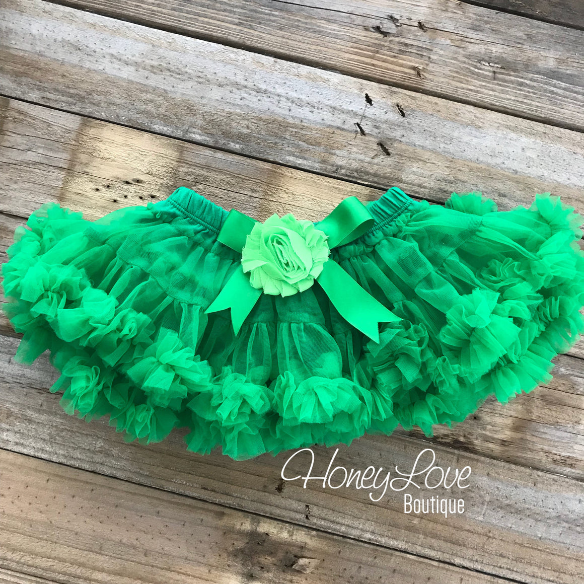 Kelly Green Pettiskirt - embellished lime green flower - HoneyLoveBoutique