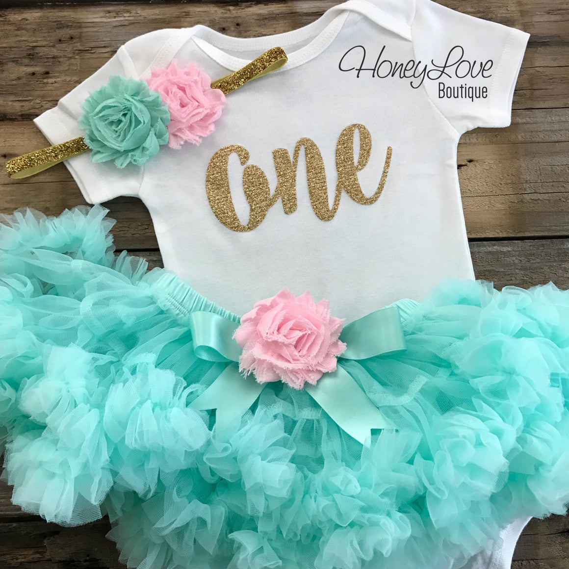 One - Birthday Outfit - Mint/Aqua, Light Pink and Silver/Gold glitter - HoneyLoveBoutique