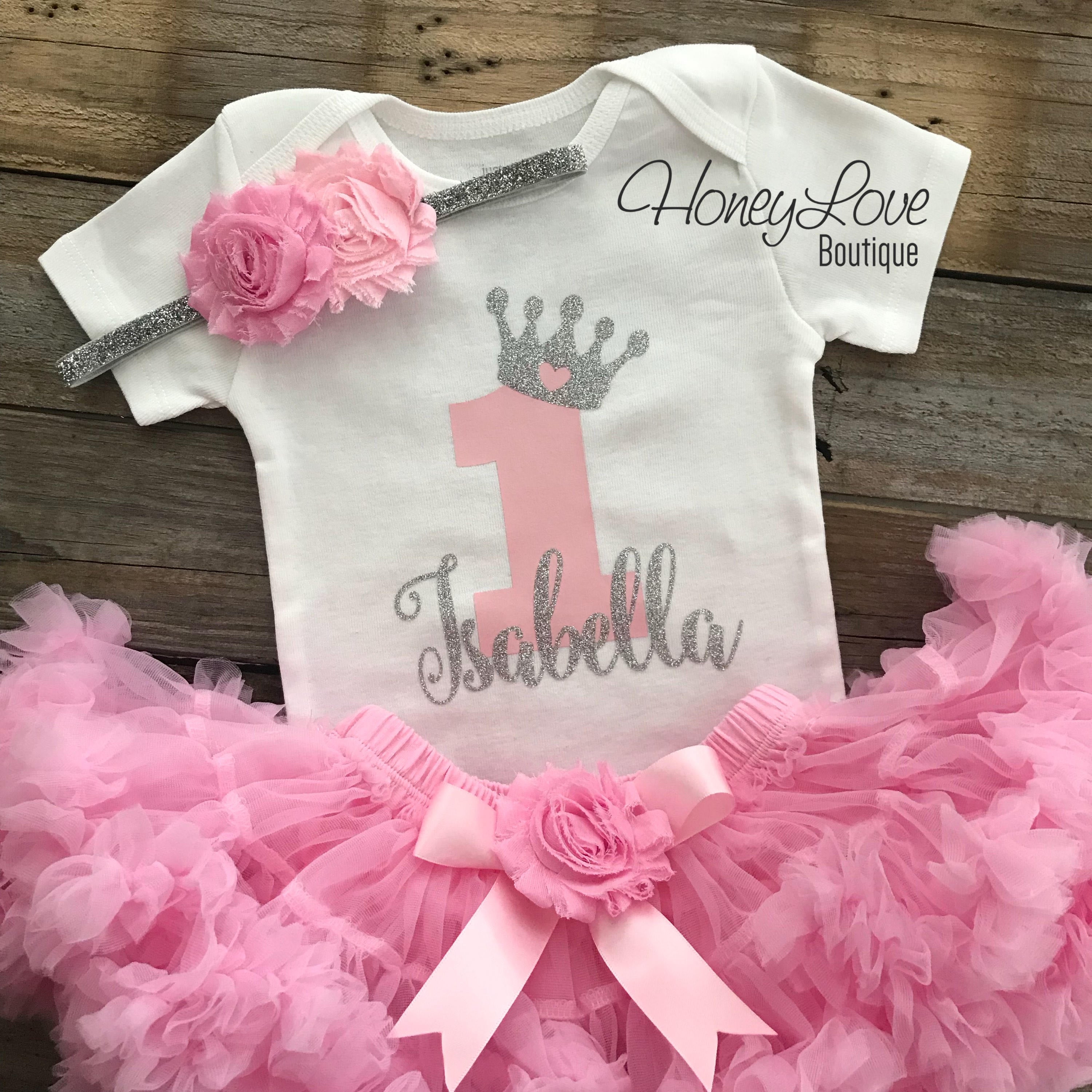 Personalized 1st Birthday Princess outfit - Silver Glitter and Light P - HoneyLoveBoutique Personalized 1st Birthday Princess outfit - Silver Glitter and Light P - HoneyLoveBoutique