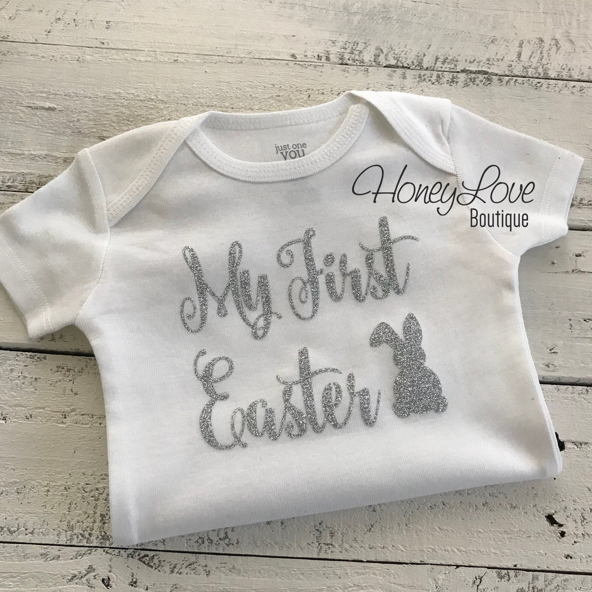 My First Easter bodysuit - Silver or Gold glitter - HoneyLoveBoutique