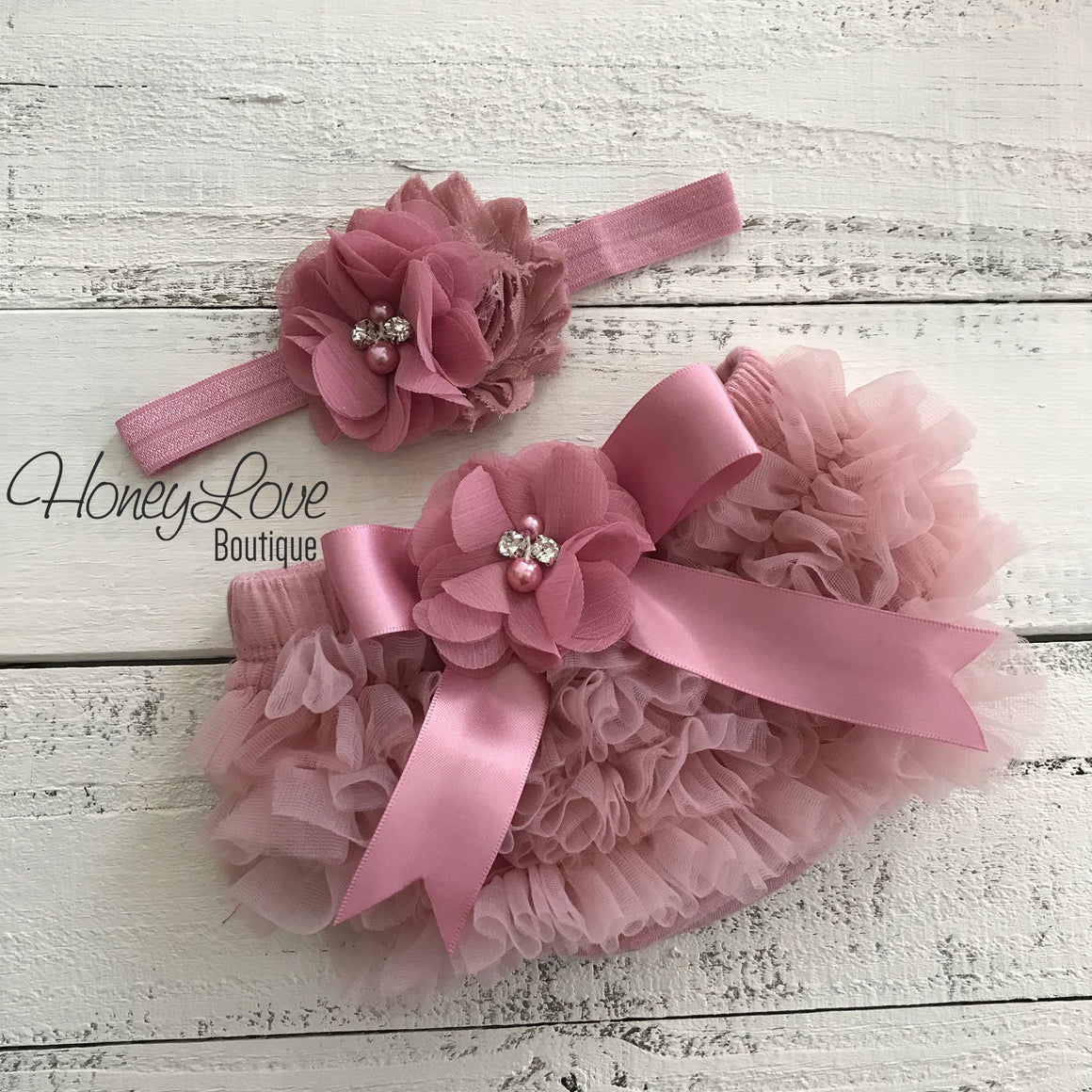 Vintage Pink ruffle bottom bloomers and headband - embellished bloomers - HoneyLoveBoutique