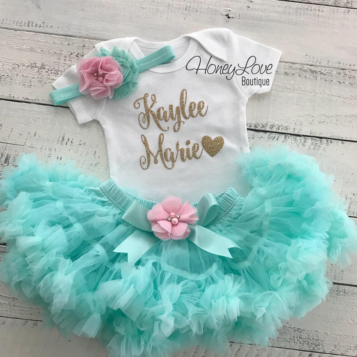 PERSONALIZED Name Outfit - Mint/Aqua and Gold Glitter - Light Pink flower embellished pettiskirt - HoneyLoveBoutique