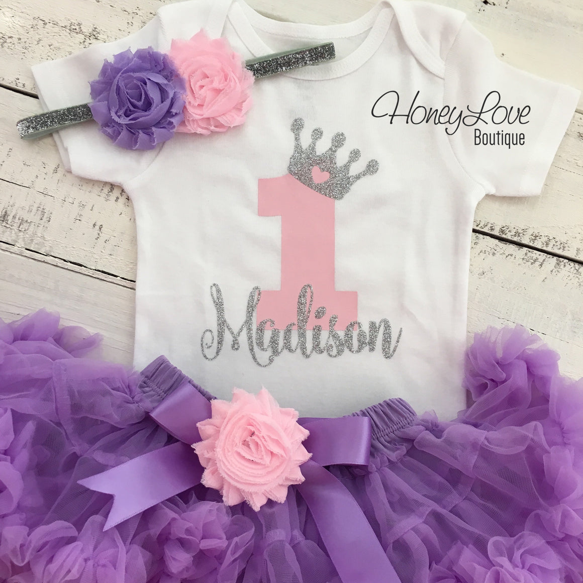 Personalized 1st Birthday Princess outfit - Lavender Purple, Light Pink and Silver/Gold glitter - HoneyLoveBoutique
