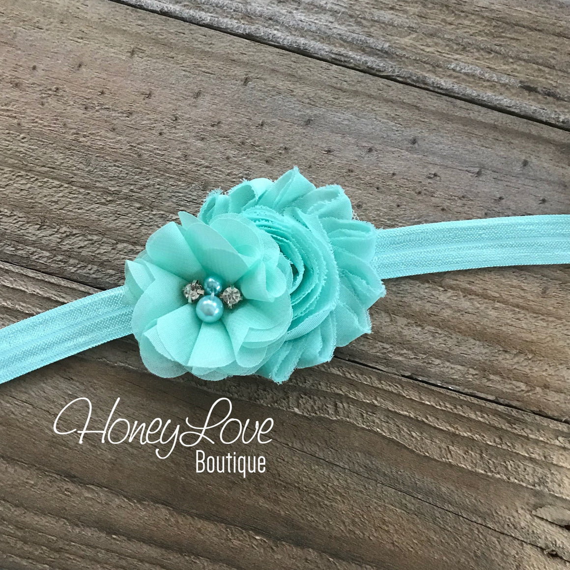 Mint/Aqua shabby chiffon flower headband - HoneyLoveBoutique