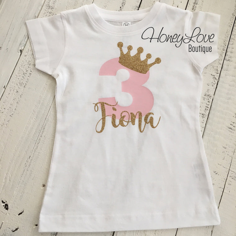 Personalized 3rd Birthday Princess T-shirt - Light Pink and Gold glitter - HoneyLoveBoutique