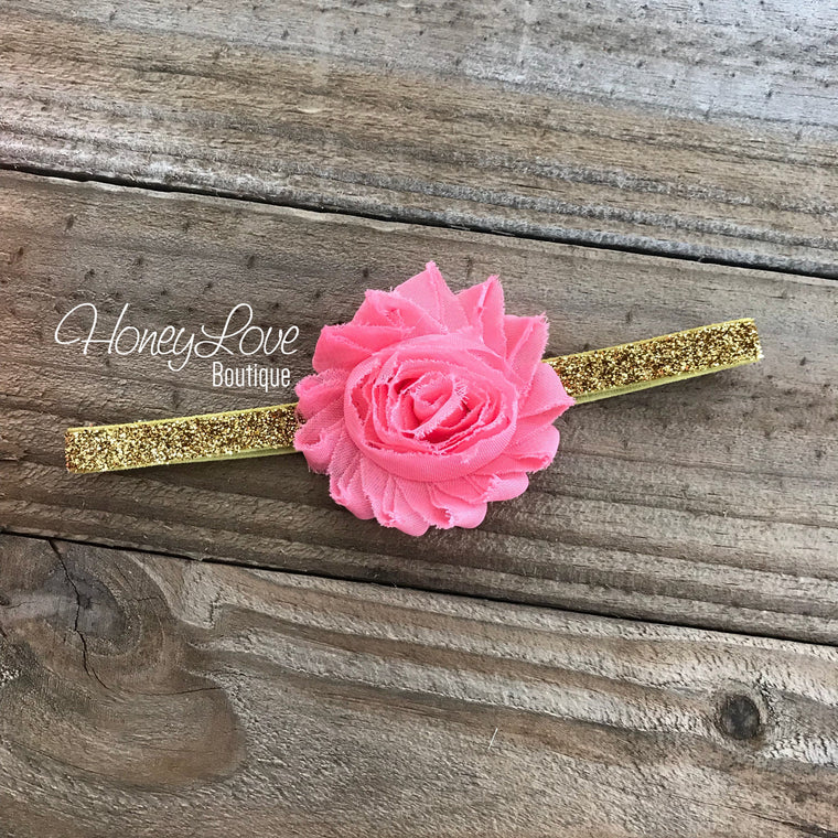 Coral Pink shabby flower headband - SILVER/GOLD glitter elastic - HoneyLoveBoutique