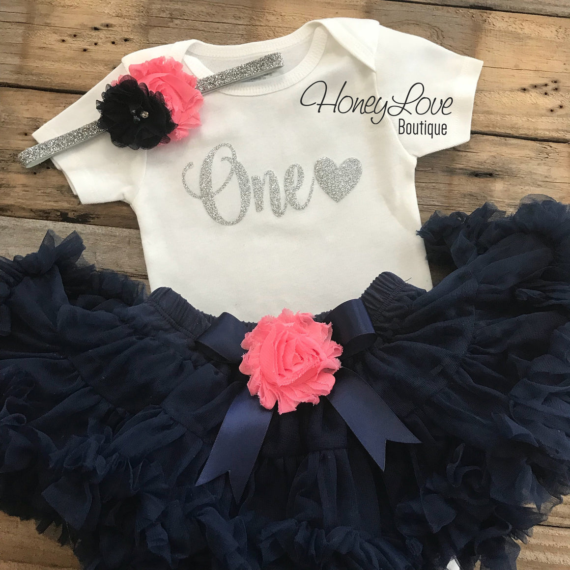 One with heart - Birthday Outfit - Navy Blue, Coral and Gold/Silver glitter - HoneyLoveBoutique