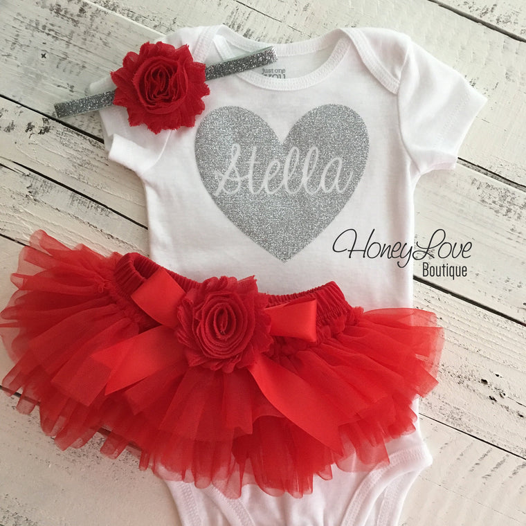 PERSONALIZED Name inside Heart - Gold/Silver Glitter and Red - HoneyLoveBoutique