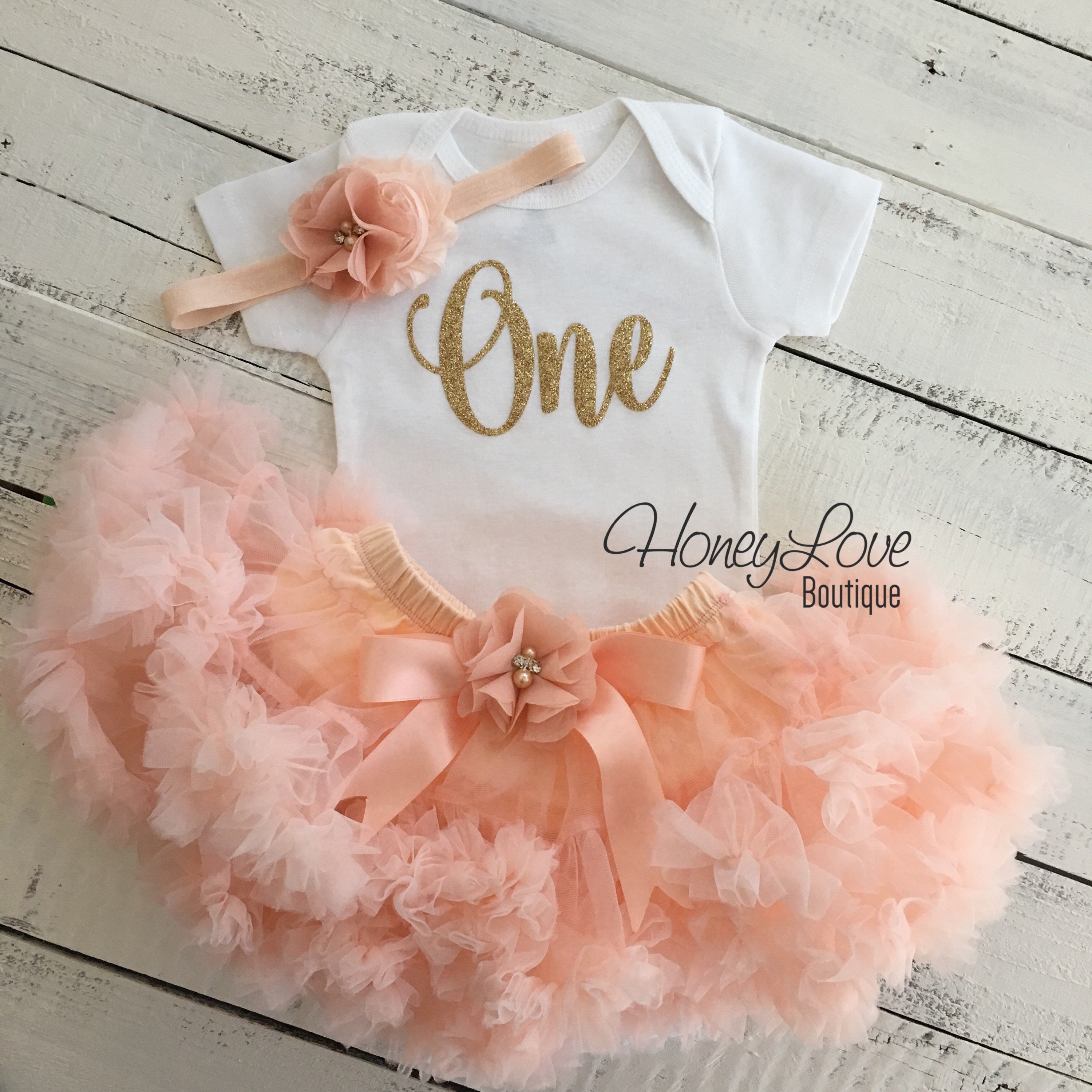 One - Birthday Outfit - Gold glitter and Peach - embellished pettiskir - HoneyLoveBoutique One - Birthday Outfit - Gold glitter and Peach - embellished pettiskir - HoneyLoveBoutique