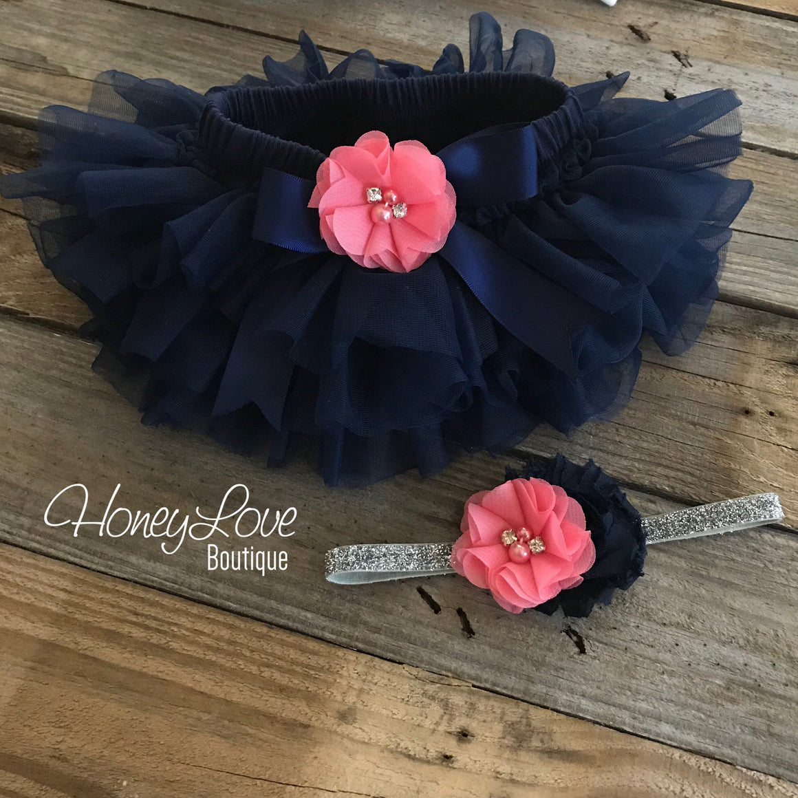 PERSONALIZED Name Outfit - Navy Blue and Silver Glitter - Coral Pink rhinestone/pearl flower embellished tutu skirt bloomers - HoneyLoveBoutique