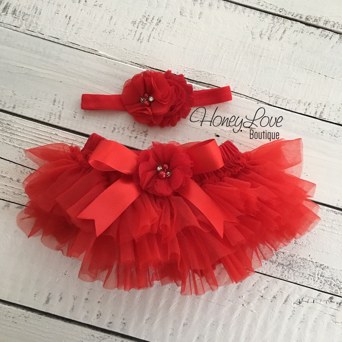 Red embellished tutu skirt bloomers and matching headband - HoneyLoveBoutique