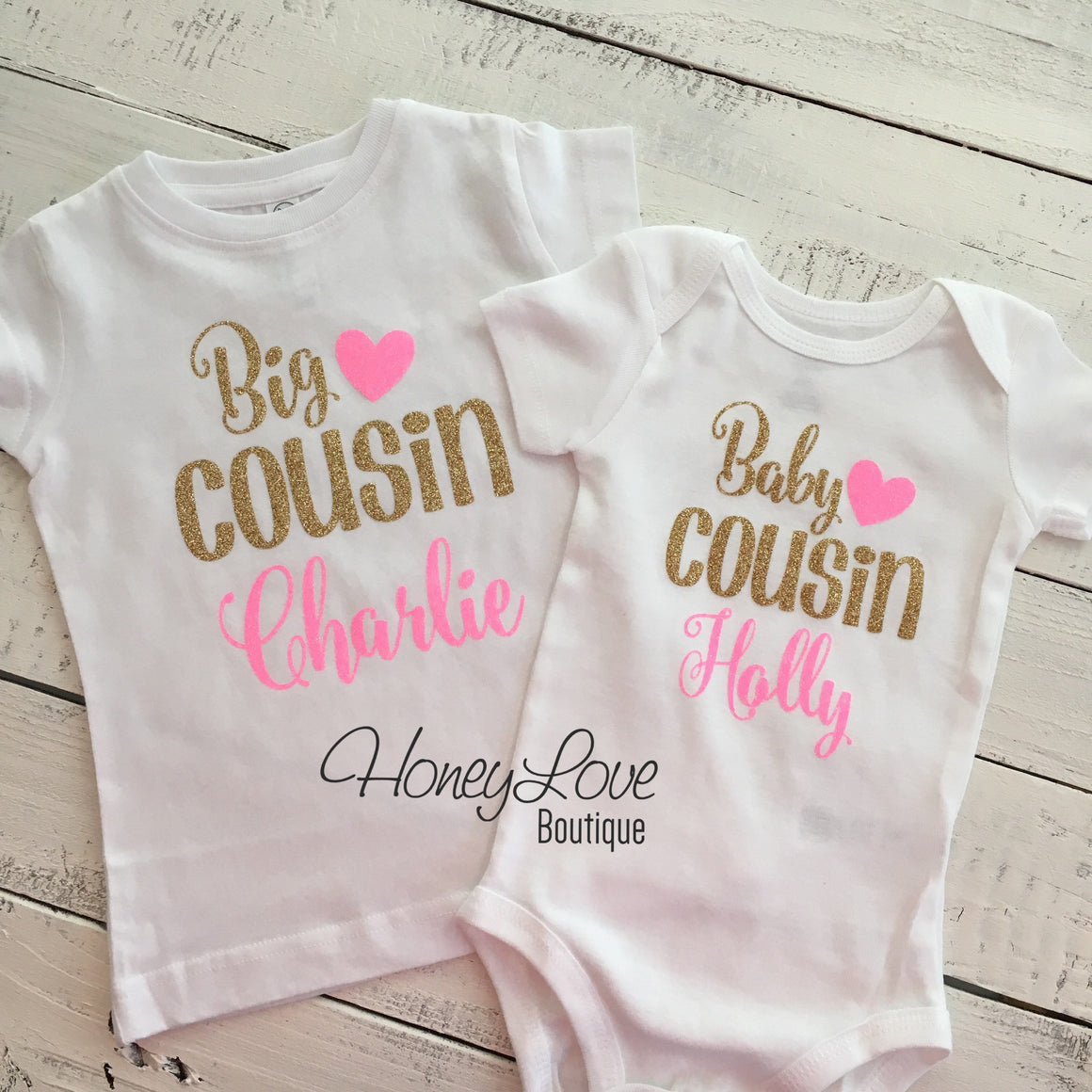 PERSONALIZED Cousin Bodysuits and Shirts - Gold Glitter and Neon Pink Glitter - HoneyLoveBoutique