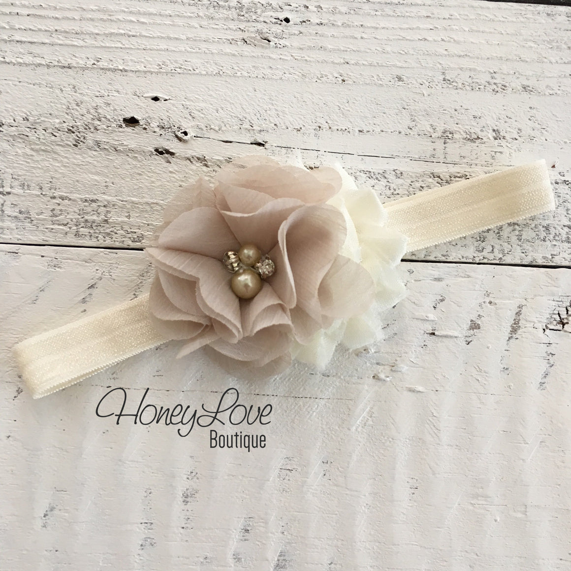 Champagne and Ivory shabby chiffon flower headband - HoneyLoveBoutique