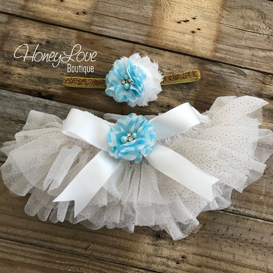 White with gold glitter tutu skirt bloomers and Blue Chevron Flower headband - embellished bloomers - HoneyLoveBoutique