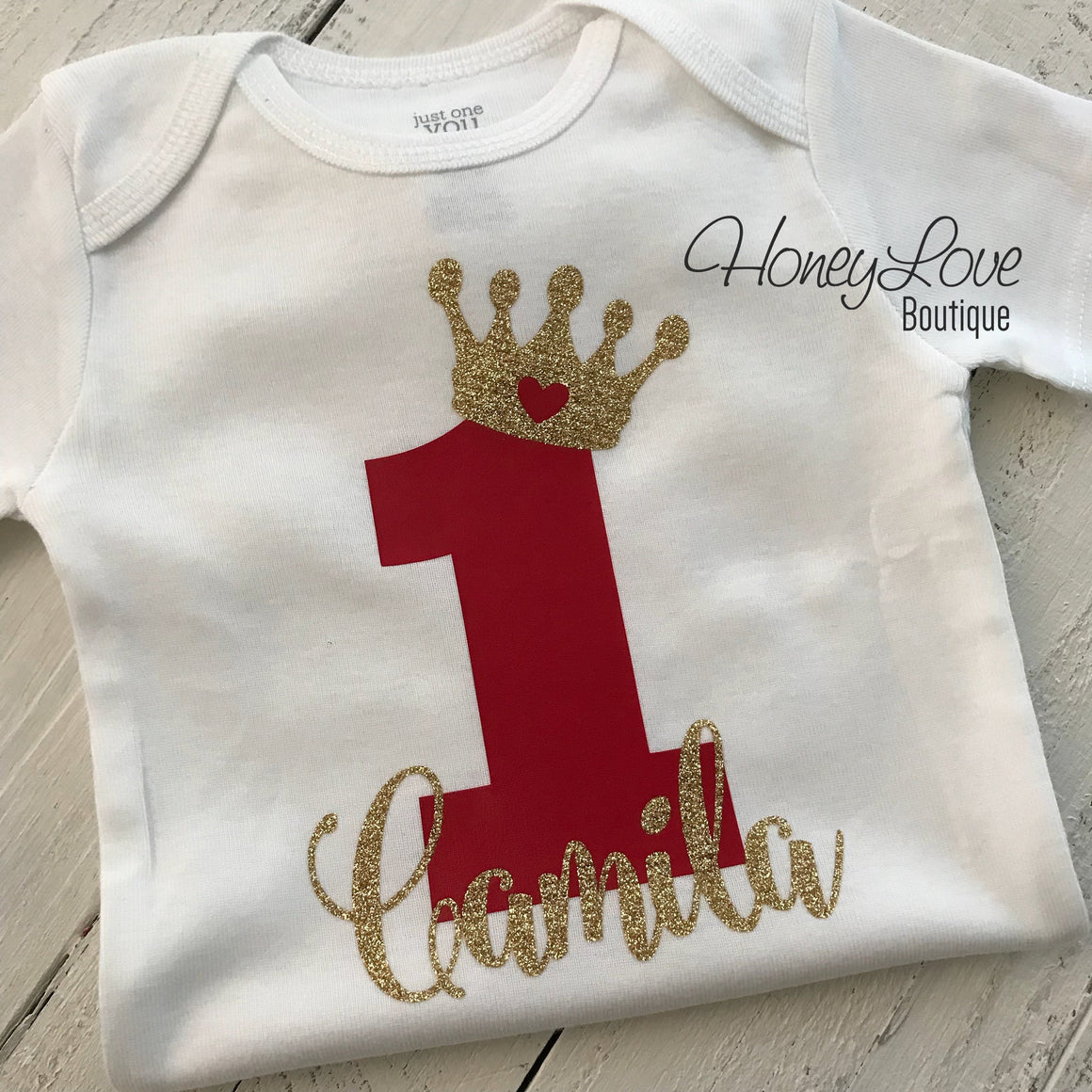 Personalized First Birthday Princess Bodysuit - Red and Silver/Gold glitter - HoneyLoveBoutique