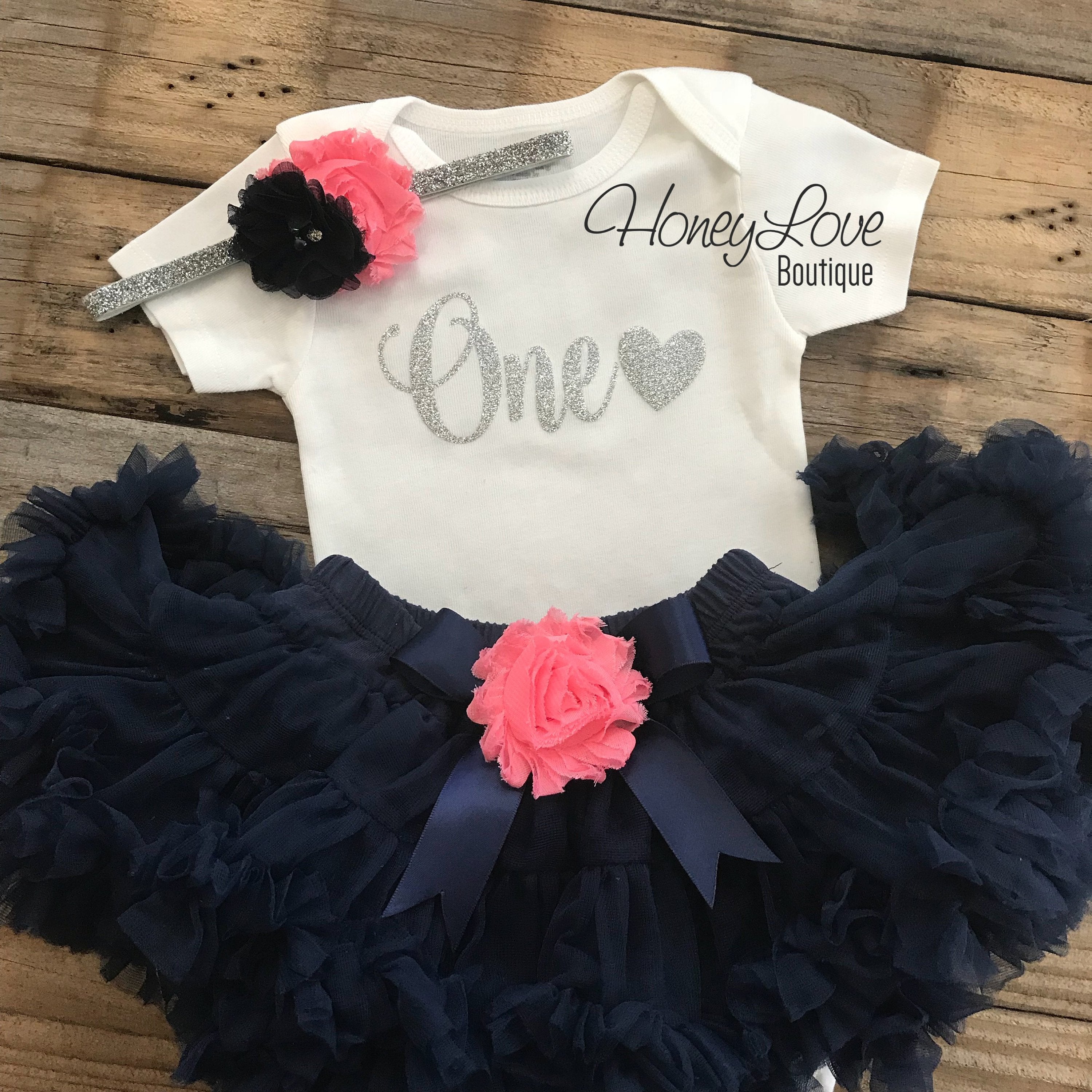 One with heart - Birthday Outfit - Navy Blue, Coral and Gold/Silver gl - HoneyLoveBoutique One with heart - Birthday Outfit - Navy Blue, Coral and Gold/Silver gl - HoneyLoveBoutique
