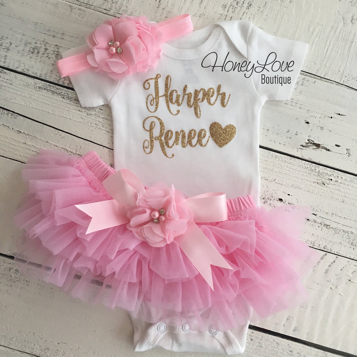 PERSONALIZED Name Outfit - Gold Glitter and Light Pink - Embellished bloomers - HoneyLoveBoutique