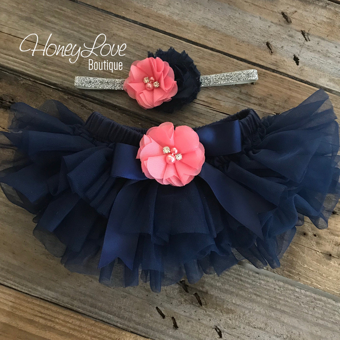 PERSONALIZED Name Outfit - Navy Blue and Silver Glitter - Coral Pink rhinestone/pearl flower embellished tutu skirt bloomers - HoneyLoveBoutique