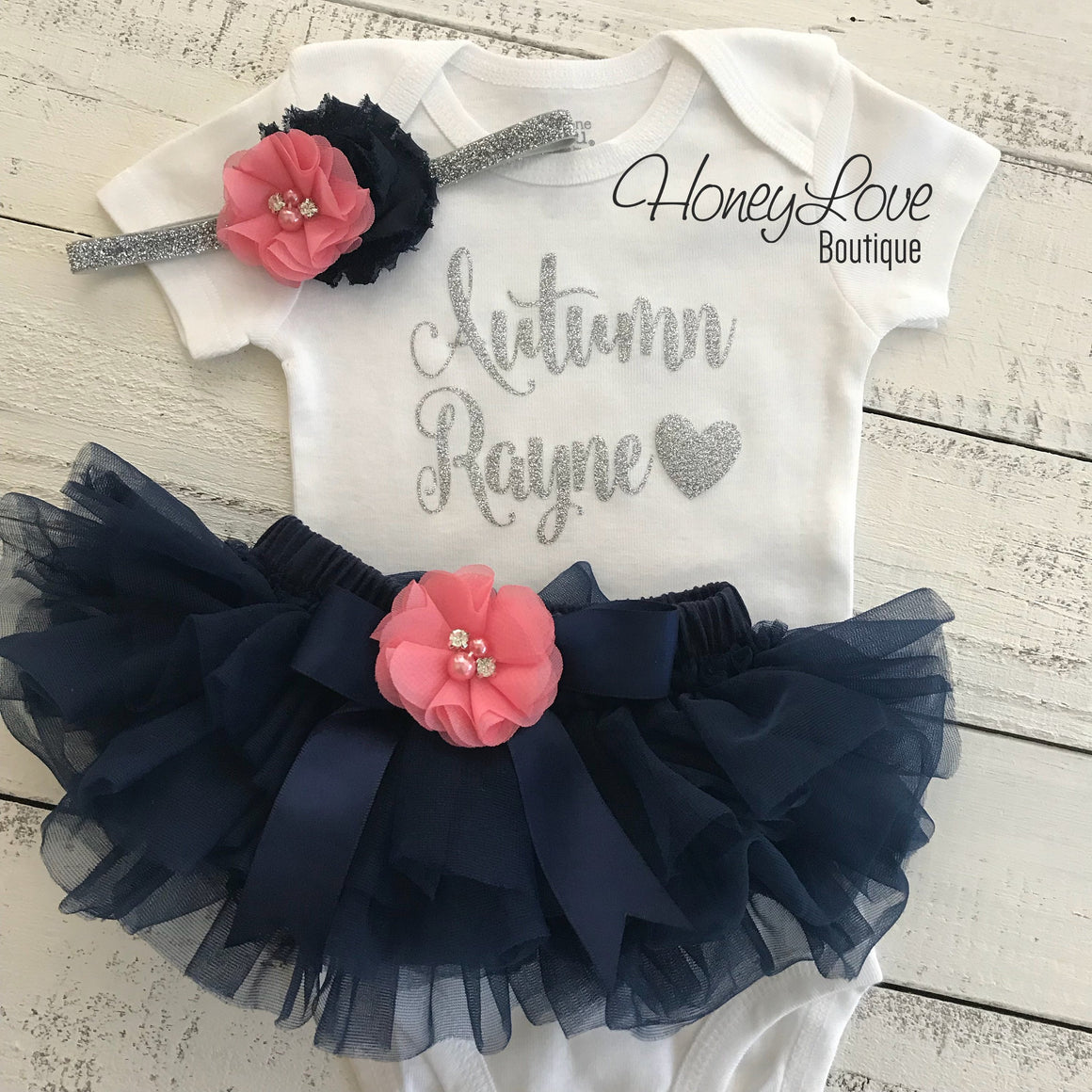 PERSONALIZED Name Outfit - Navy Blue and Silver Glitter - Coral Pink rhinestone/pearl flower embellished tutu skirt bloomers - HoneyLoveBoutique