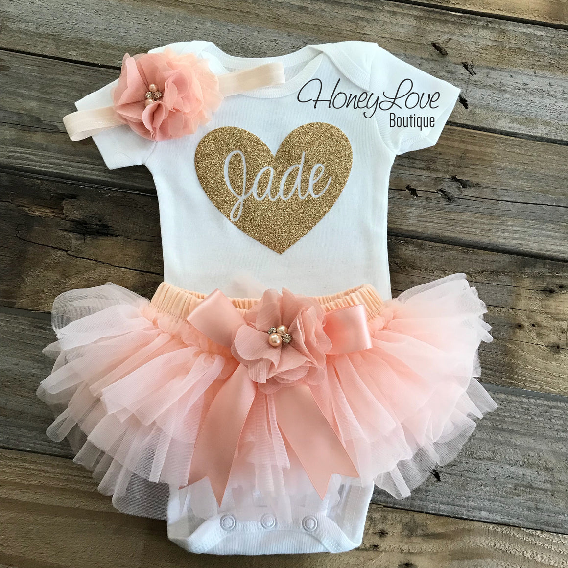 PERSONALIZED Name inside Heart - Gold glitter and Peach - embellished tutu skirt bloomer - HoneyLoveBoutique