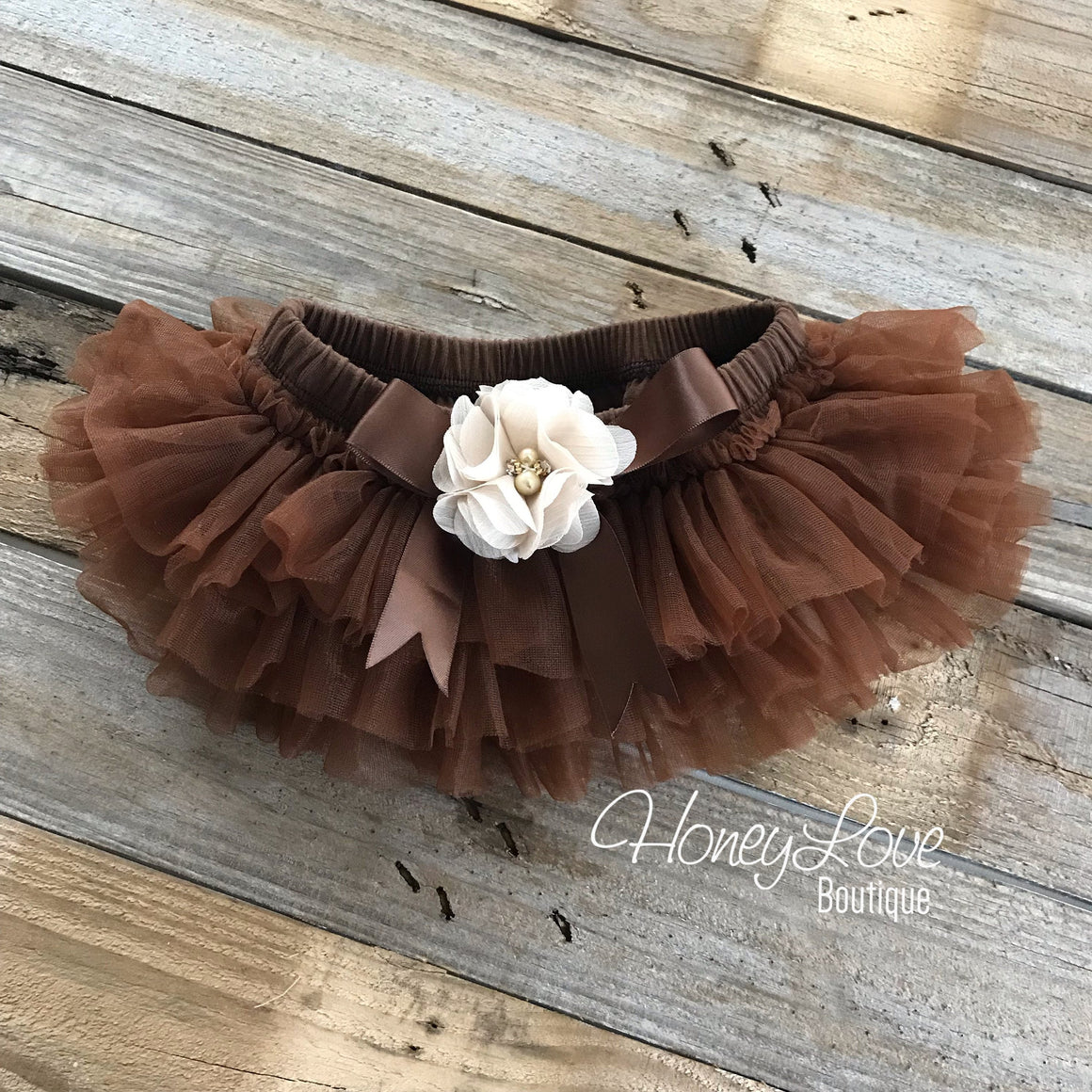 Brown tutu skirt bloomers - embellished ivory flower - HoneyLoveBoutique