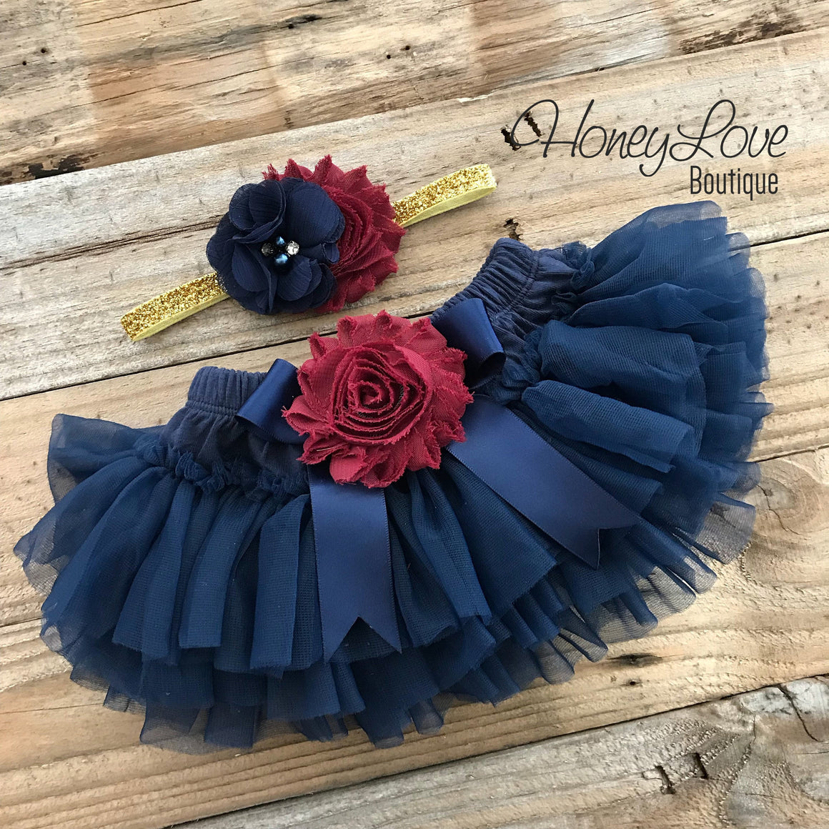 Navy Blue tutu skirt bloomers - embellished Maroon/Burgundy shabby flower - with matching headband - HoneyLoveBoutique
