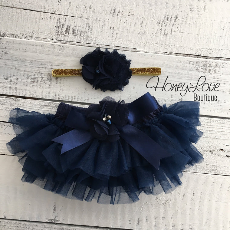 Navy Blue embellished tutu skirt bloomers and matching headband - HoneyLoveBoutique