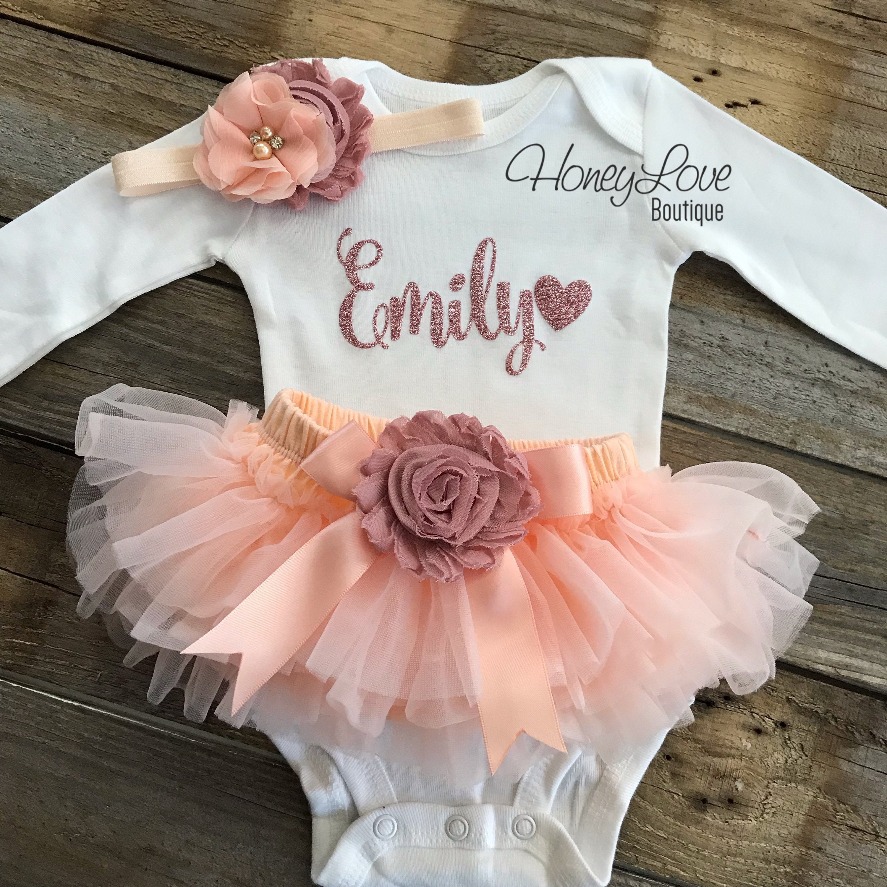PERSONALIZED Name Outfit - Rose Gold glitter and Peach/Vintage Pink - - HoneyLoveBoutique PERSONALIZED Name Outfit - Rose Gold glitter and Peach/Vintage Pink - - HoneyLoveBoutique
