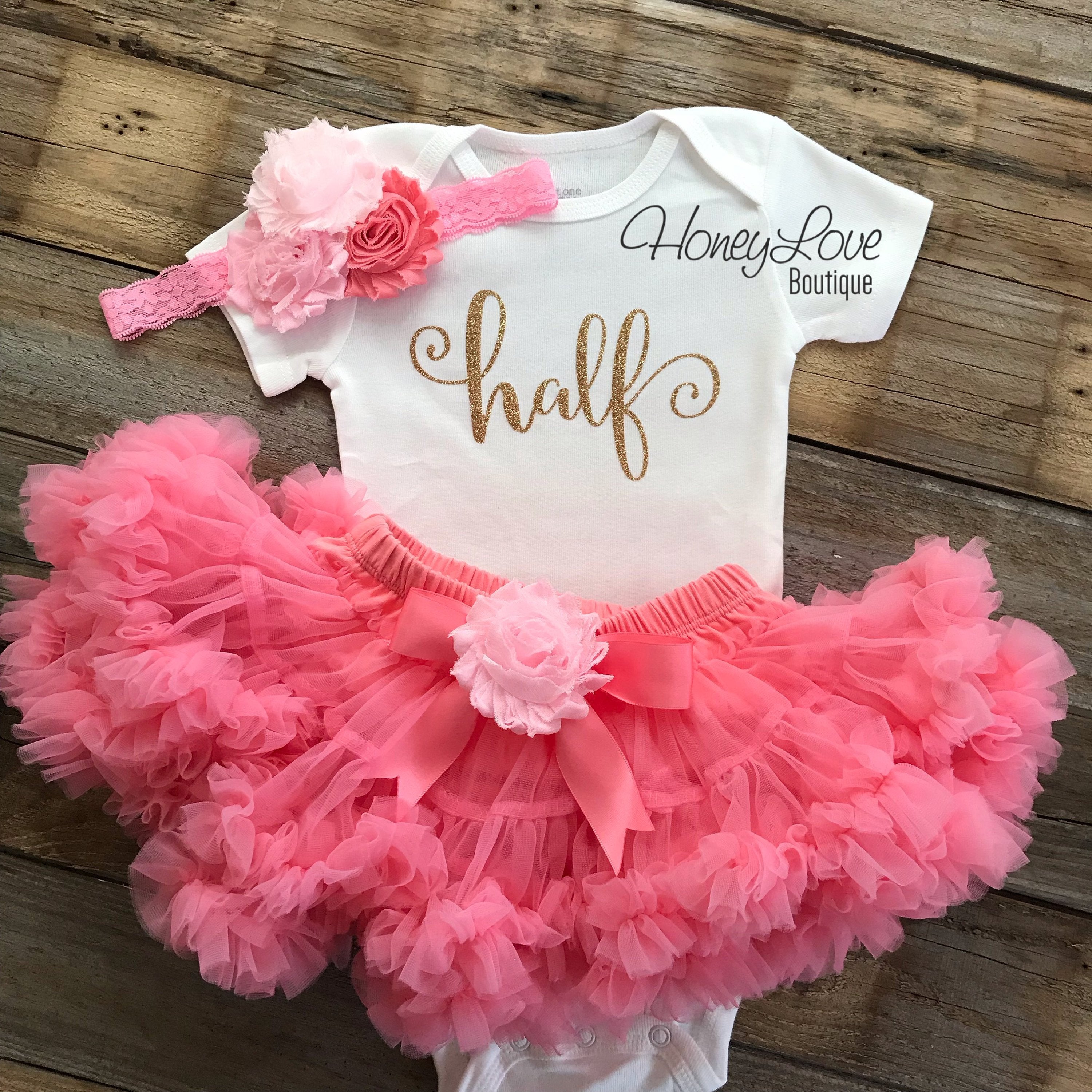 Half Birthday Outfit - Coral Pink and Gold Glitter - embellished petti - HoneyLoveBoutique Half Birthday Outfit - Coral Pink and Gold Glitter - embellished petti - HoneyLoveBoutique