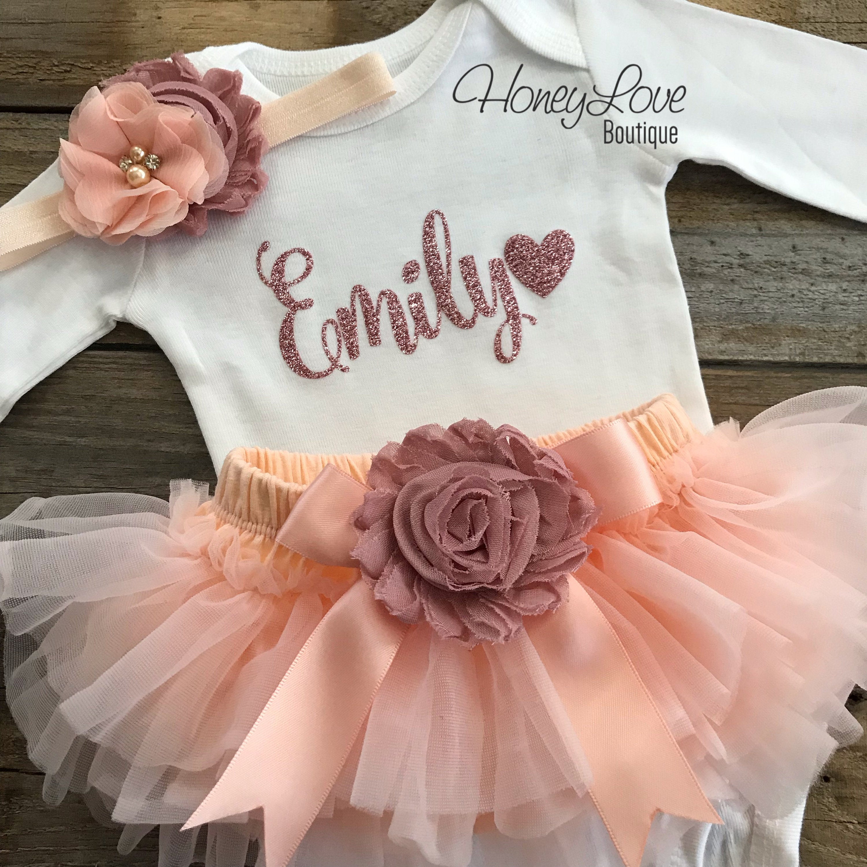 PERSONALIZED Name Outfit - Rose Gold glitter and Peach/Vintage Pink - - HoneyLoveBoutique PERSONALIZED Name Outfit - Rose Gold glitter and Peach/Vintage Pink - - HoneyLoveBoutique