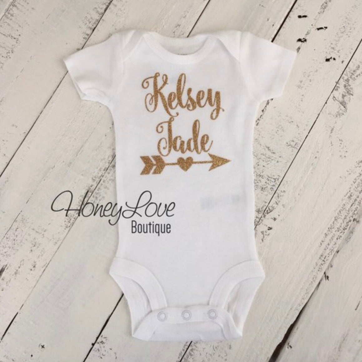 PERSONALIZED Name with Arrow - Gold Glitter and Peach - HoneyLoveBoutique