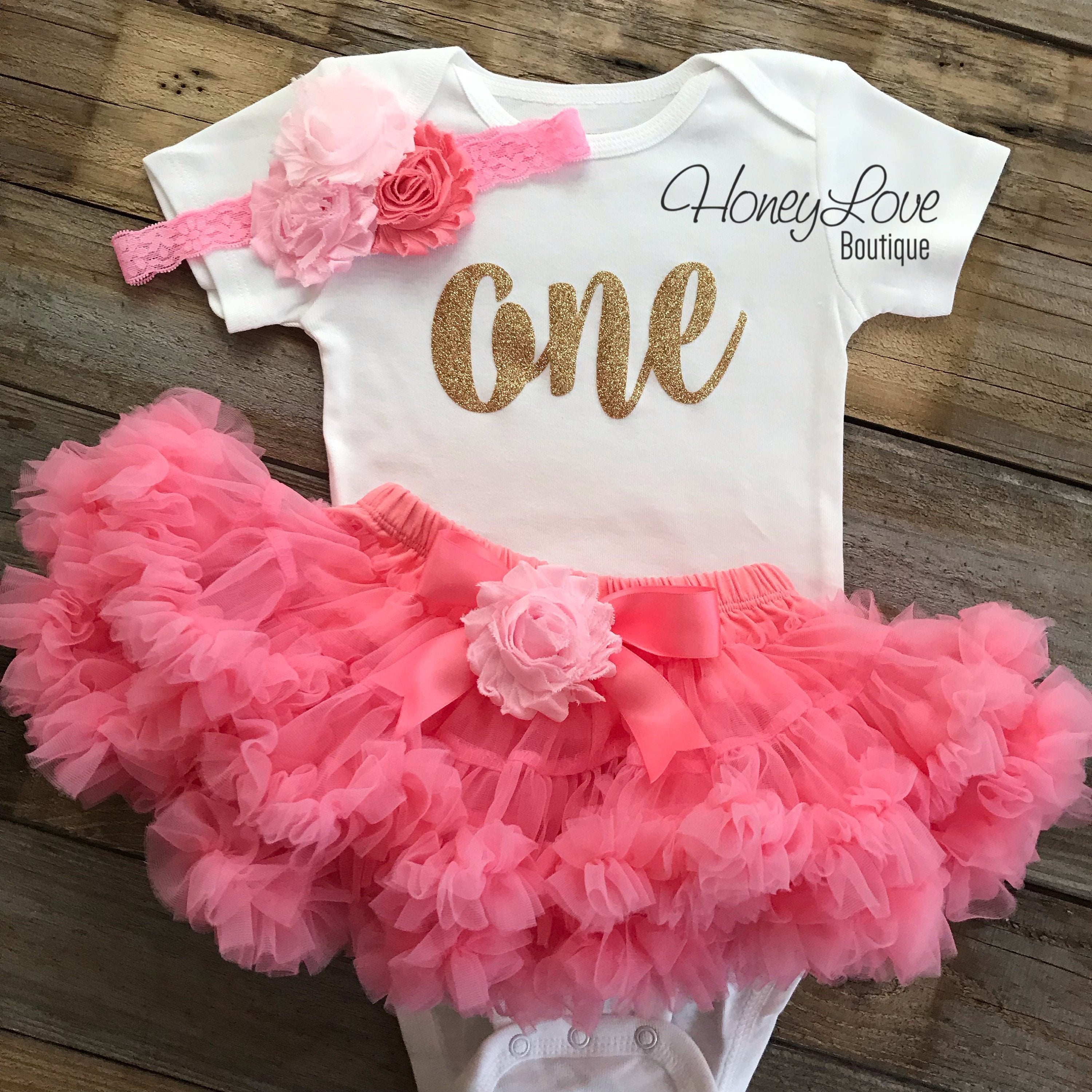 One - Birthday Outfit - Coral Pink and Gold Glitter - embellished pett - HoneyLoveBoutique One - Birthday Outfit - Coral Pink and Gold Glitter - embellished pett - HoneyLoveBoutique