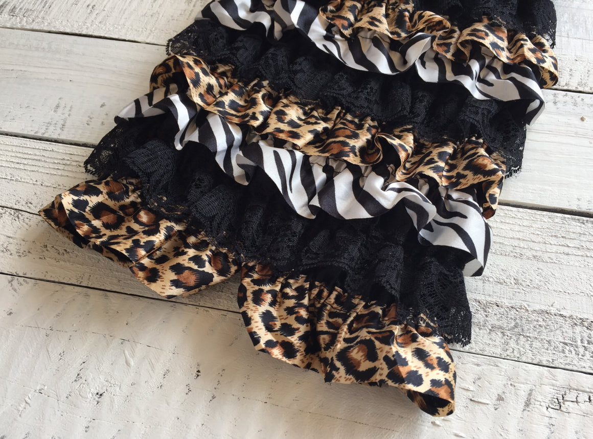 Satin and Lace Petti Romper - Zebra and Leopard Animal Print Satin & Black Lace - HoneyLoveBoutique