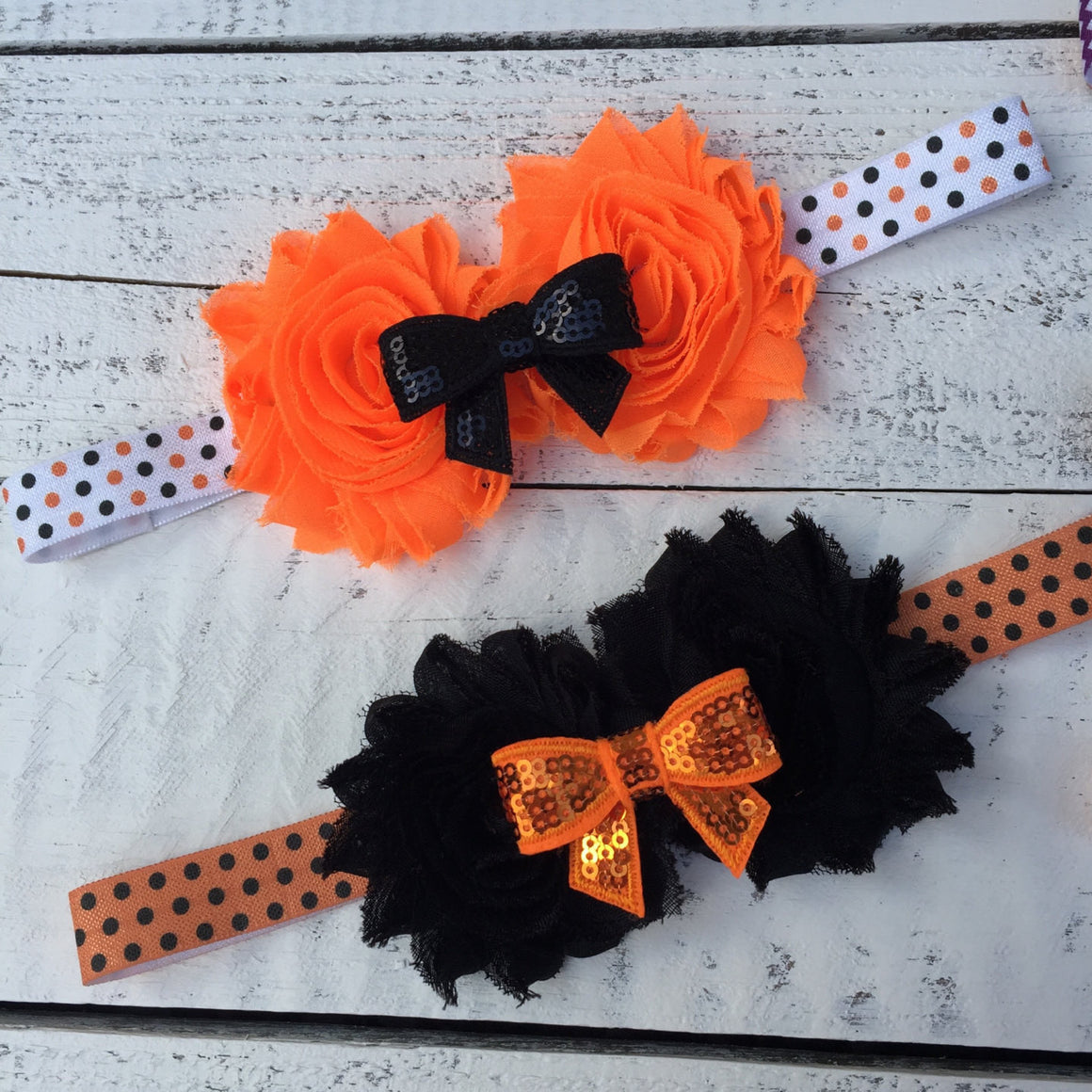 Halloween Headband - Shabby Flower - Sequin Bow - Chevron, Polka Dot Elastic - HoneyLoveBoutique