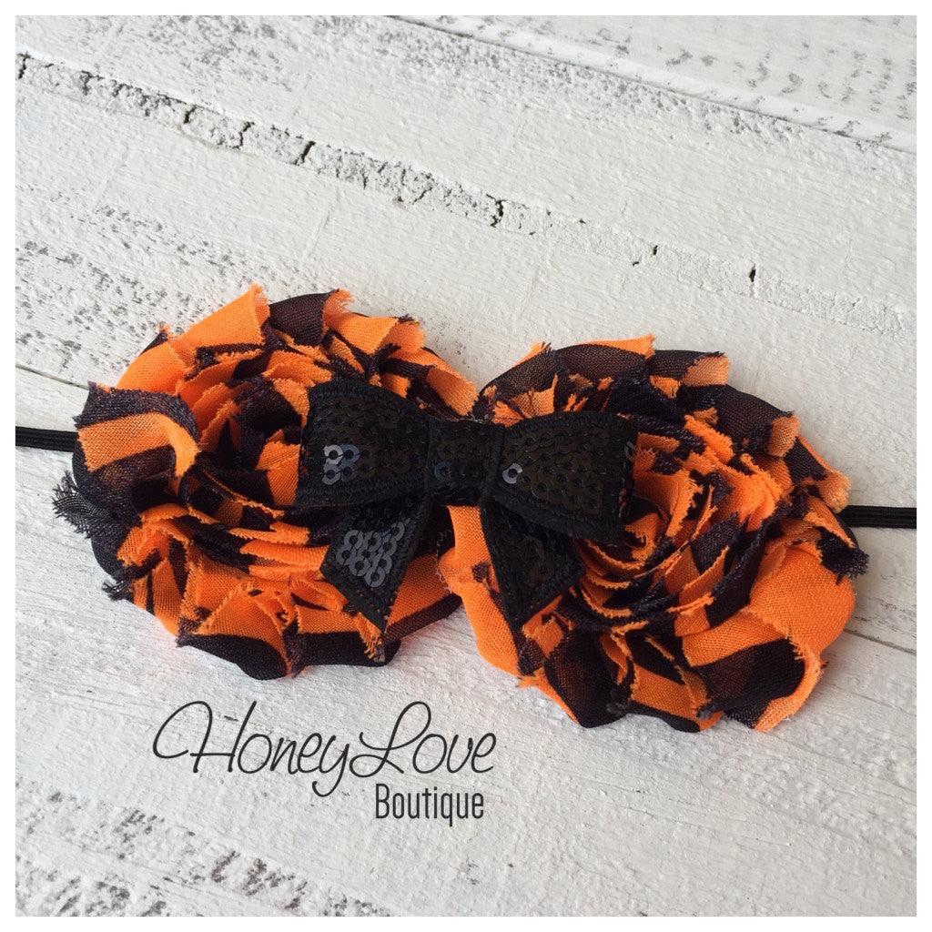 Halloween Headband - Double Shabby Flower and Sequin Bow - HoneyLoveBoutique