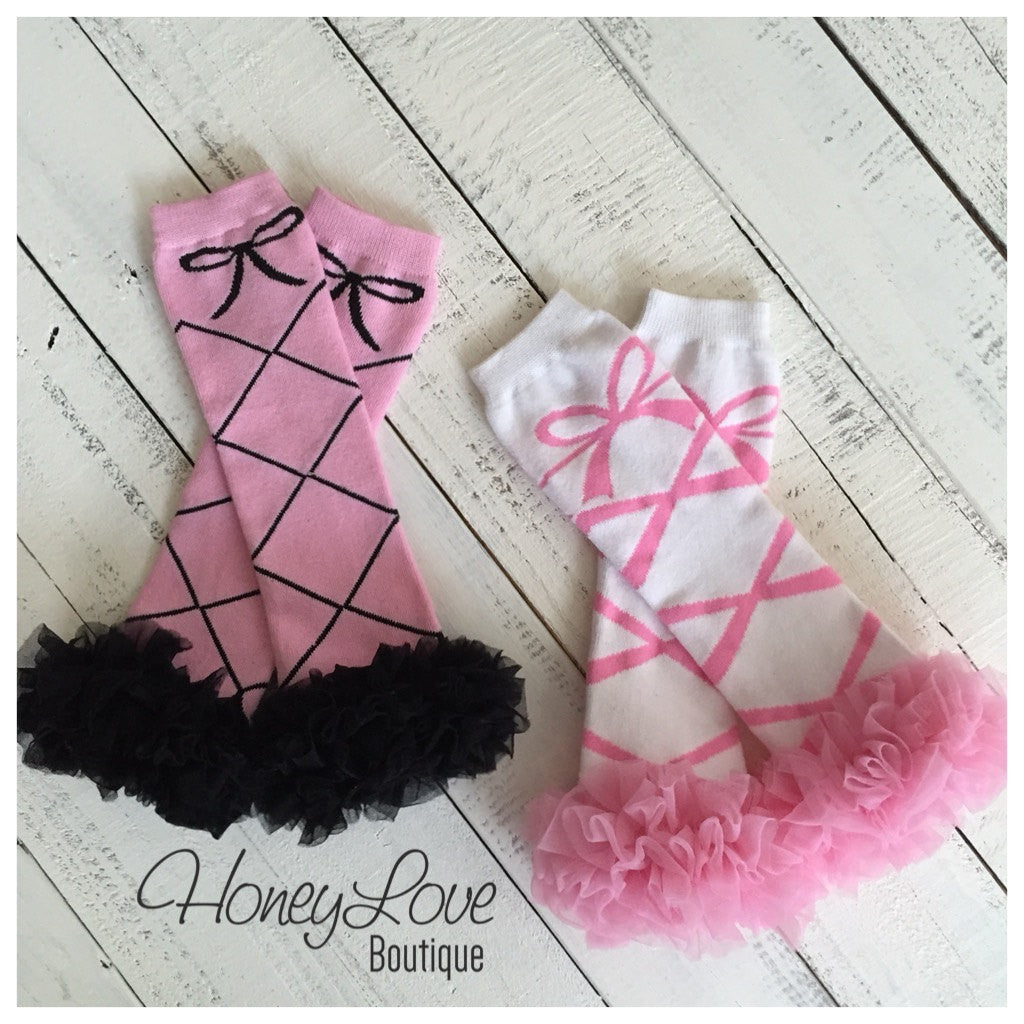 Leg Warmers - Ballerina - White, Pink and Black - HoneyLoveBoutique
