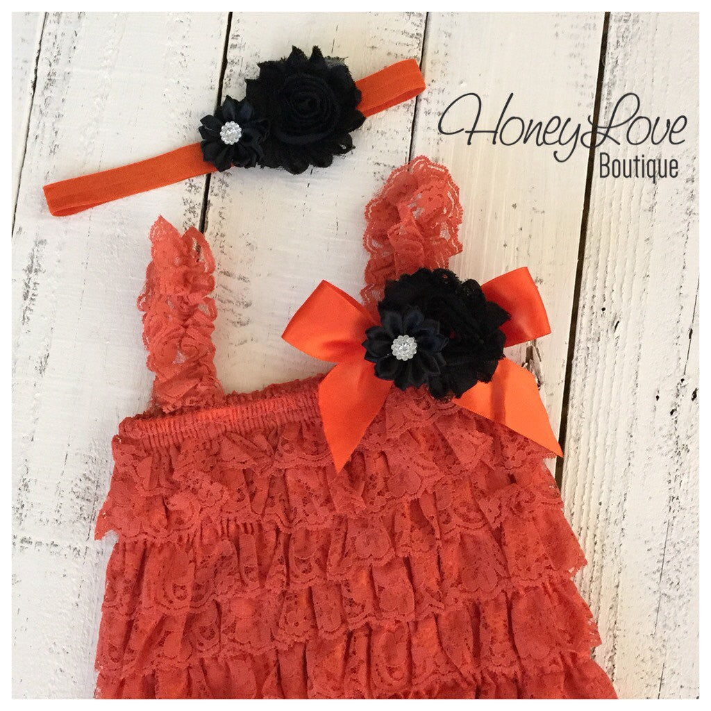 Lace Embellished Orange Petti Romper & Headband - HoneyLoveBoutique
