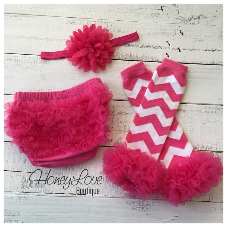 Hot Pink and White Chevron leg warmer, bloomer and headband set - HoneyLoveBoutique