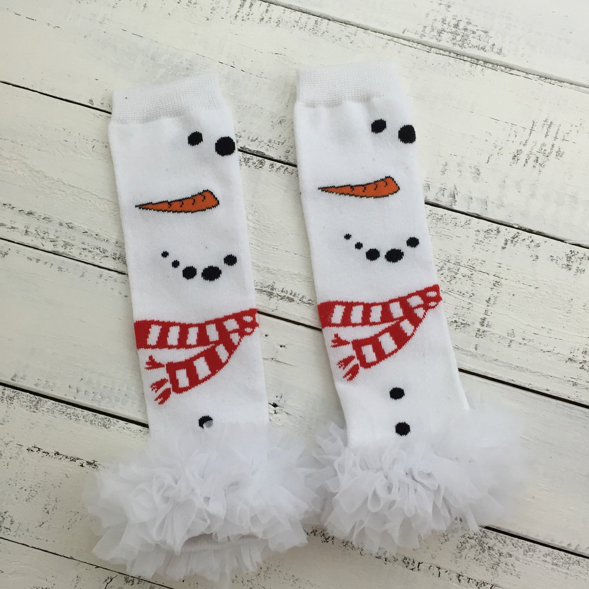 Snowman leg warmers, flower headband, white ruffle bottom bloomers - HoneyLoveBoutique