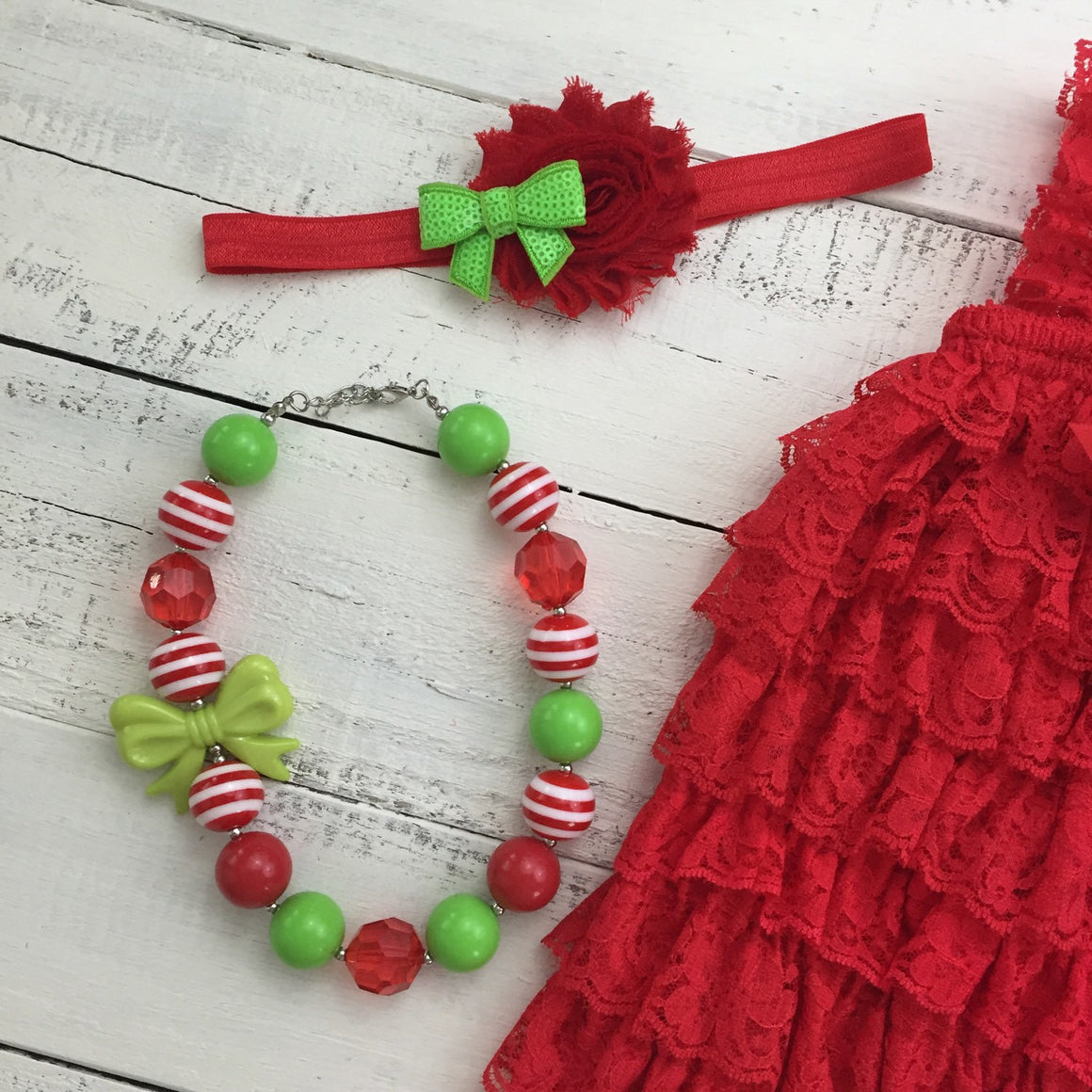 Christmas Red Lace Petti Romper and optional necklace - HoneyLoveBoutique