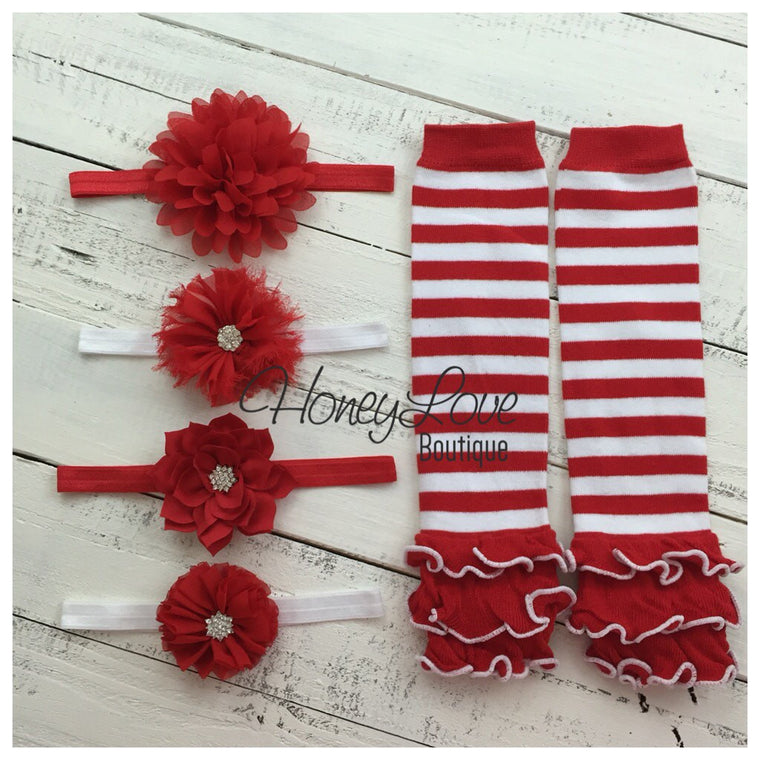 Red and White Stripe leg warmers and choice of red flower headband - HoneyLoveBoutique